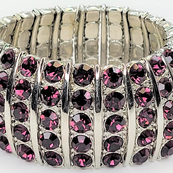 Purple Sparkle Rhinestones Stretch Wide Bracelet - Picture 4 of 8